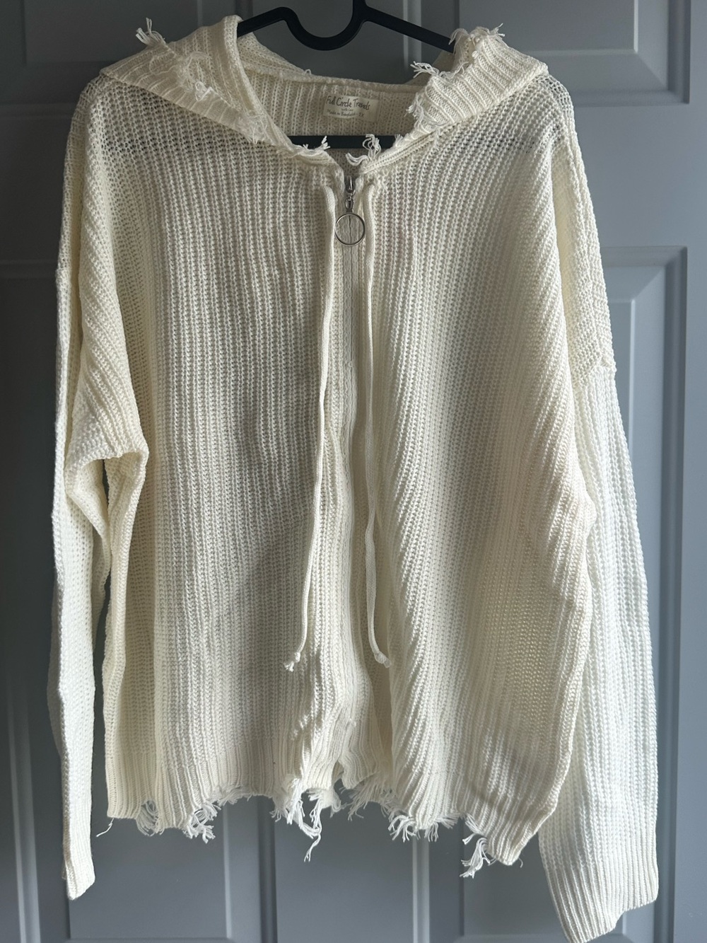 Light Cream Zip Hoodie Cardigan with Distressed Hem